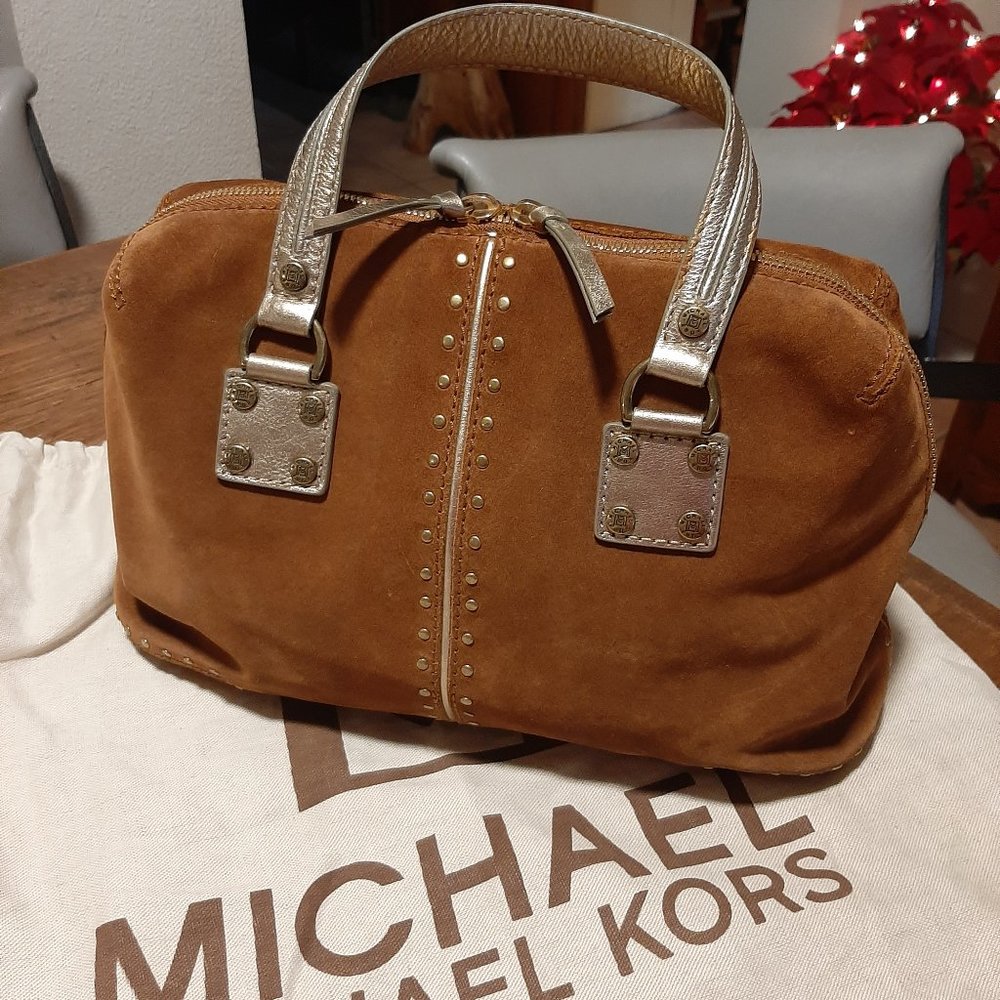 MK suede satchel bag w/metallic leather straps